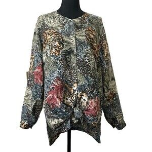 Adrian Jordan Women's Plus 14/16 Top Multicolor Animal Print 100% Silk Button Up